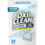 Front-facing pouch of OxiClean White Revive power paks showing logo, a single pod image and '24 Paks' copy