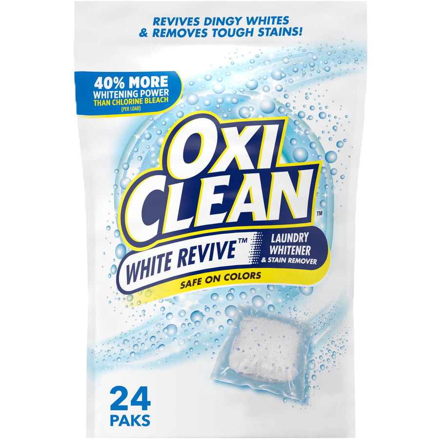 Front-facing pouch of OxiClean White Revive power paks showing logo, a single pod image and '24 Paks' copy