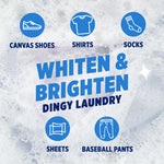 Infographic over a soapy background showing icons for shoes, shirts, socks, sheets and pants with 'Whiten & Brighten Dingy Laundry' text