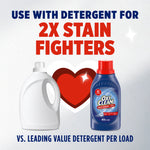 Graphic showing OxiClean bottle next to a generic detergent jug with headline use with detergent for 2X stain fighters