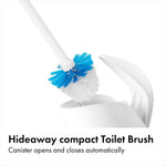 Close-up of the brush head being placed into a white canister with text about the hideaway feature.