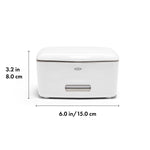 White OXO wipe dispenser front view with dimensions annotated showing height and width