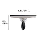 Front-facing OXO squeegee with dimensions labeled 10.0 in/25.4 cm width and 6.0 in/15.2 cm height on a white background