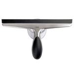 Top-down view of an OXO stainless steel shower squeegee with a black rubber blade and soft-grip handle