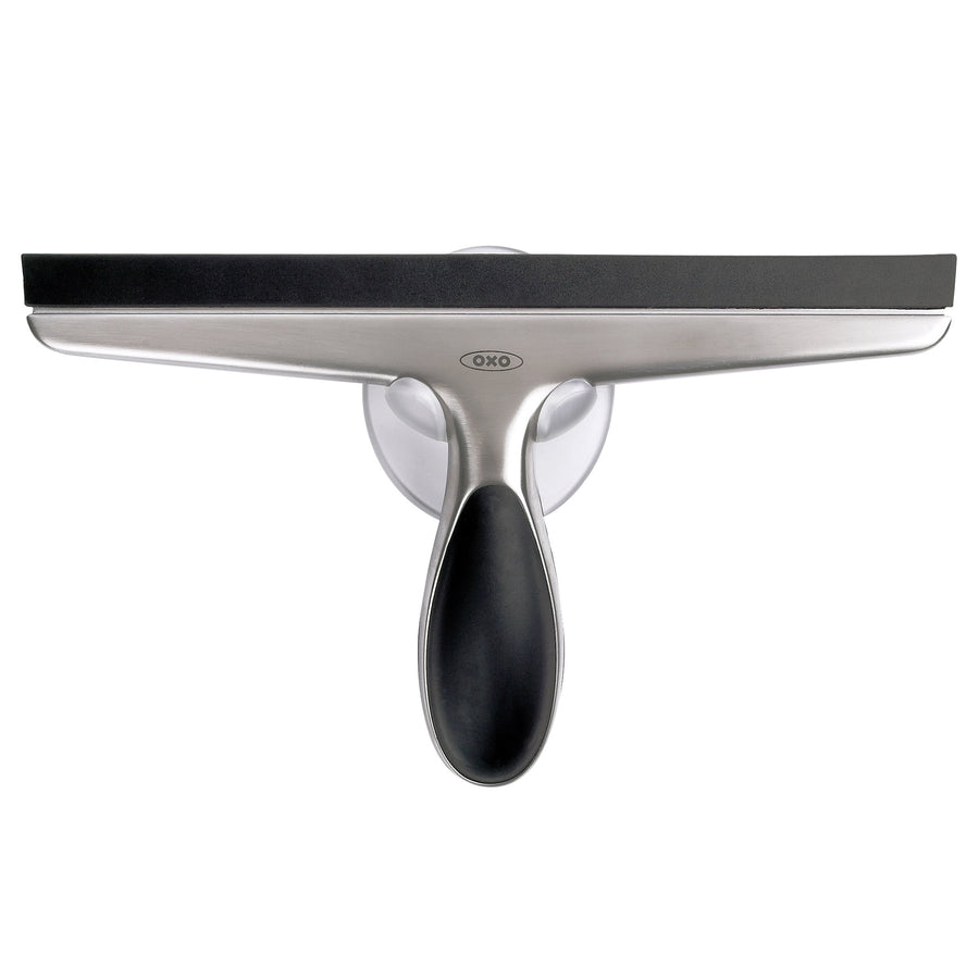 Top-down view of an OXO stainless steel shower squeegee with a black rubber blade and soft-grip handle