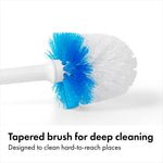 Tapered white and blue bristled toilet brush head shown on a white background for deep cleaning.