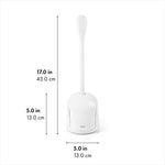 White OXO toilet brush and canister shown with dimensions annotated for height and base width.