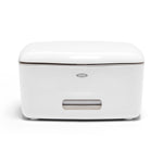 White OXO rectangular wipe dispenser with small front window on white background