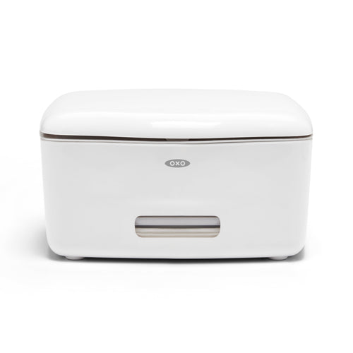 White OXO rectangular wipe dispenser with small front window on white background