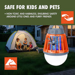 Ozark Trail orange bug zapper lantern graphic with backyard tent scene promoting safety for kids and pets