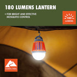Ozark Trail orange bug zapper lantern hanging inside a tent, illuminated and showing hook and protective grille