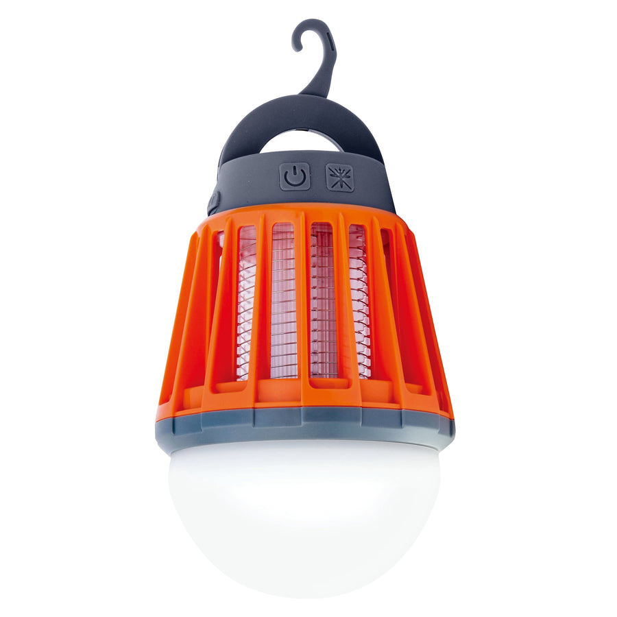 Orange Ozark Trail rechargeable bug zapper lantern with hook, protective grille and illuminated diffuser bulb