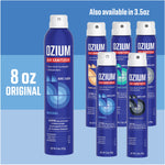 Graphic showing an 8 oz Ozium original blue can with smaller 3.5 oz Ozium cans grouped to the right on a blue background.