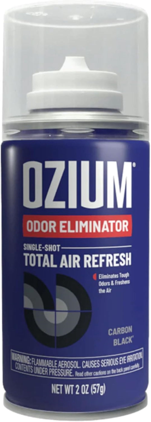 Close-up front view of an Ozium aerosol can with blue label and clear cap