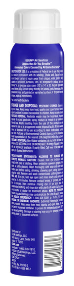 Close-up rear label of a blue Ozium air sanitizer can showing directions, storage, caution text and barcode