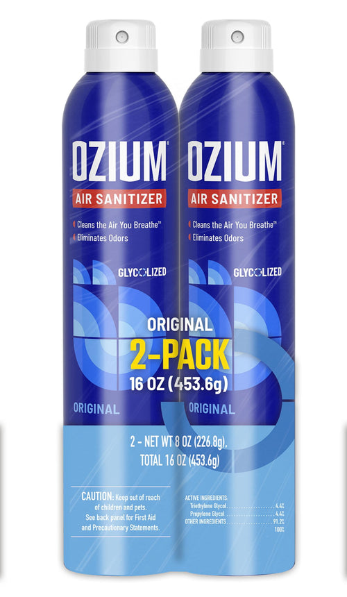 Two blue Ozium air sanitizer cans packaged together with prominent 2-pack label and original scent branding
