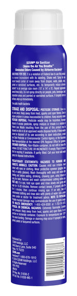 Close-up vertical photo of the back of a blue Ozium can showing detailed usage directions, warnings, and a barcode.