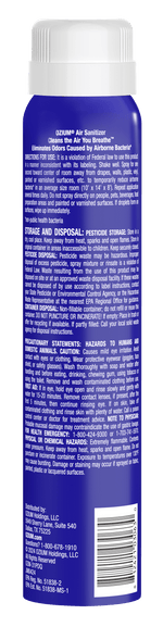 Close-up of the back label and white cap of an OZIUM air sanitizer can showing directions, warnings and a barcode
