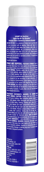 Close-up photo of the back of a blue OZIUM spray can showing directions, storage, precautionary statements and a barcode.