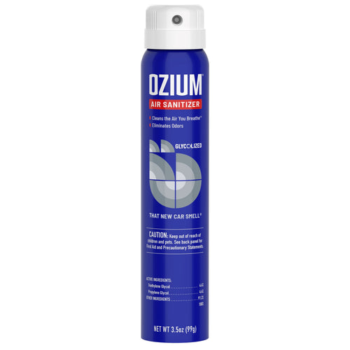 Tall blue OZIUM air sanitizer spray can with white cap and circular logo on a white background.