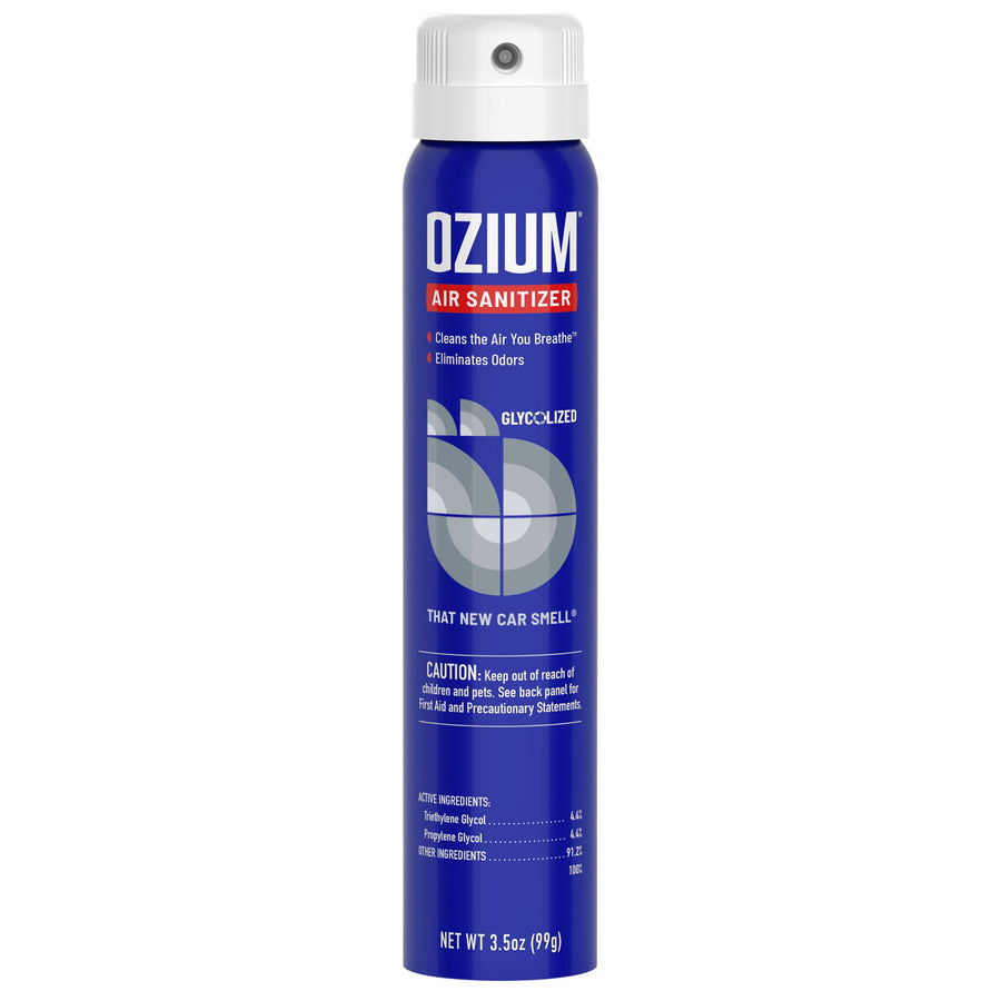 Tall blue OZIUM air sanitizer spray can with white cap and circular logo on a white background.