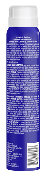 Close-up rear view of a blue Ozium air sanitizer can showing detailed directions, storage and precautionary text on the label.
