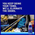 Lifestyle image of a car trunk filled with sports gear and Ozium can with headline about eliminating odors on blue field