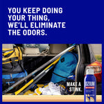 Promotional image of a car trunk full of sports gear with an Ozium can in the corner and text about eliminating odors.