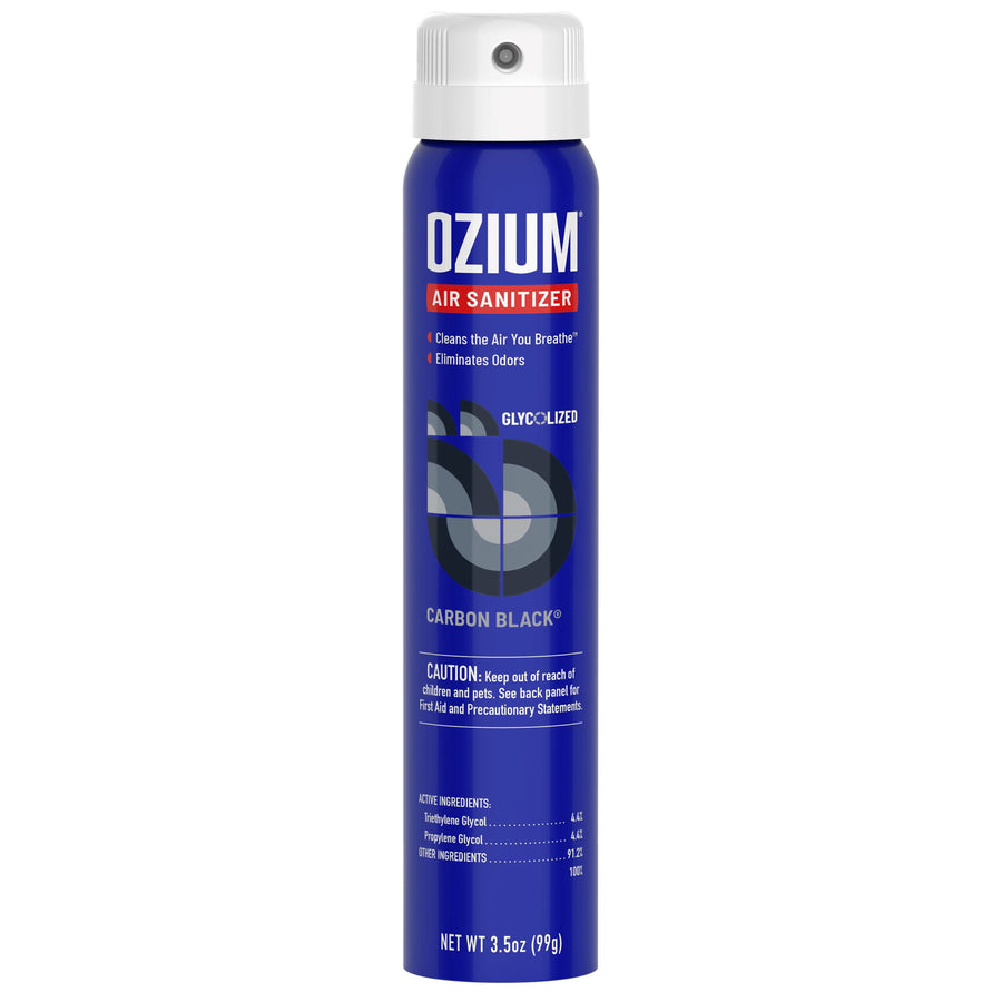 Tall blue OZIUM air sanitizer can labeled Carbon Black with white cap and product text on a white background.