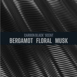 Dark carbon-fiber textured background with text reading 'Carbon Black scent' and fragrance notes bergamot, floral, musk.