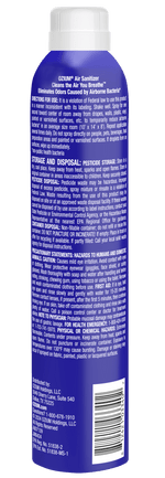 Rear view of OZIUM air sanitizer can showing directions, storage and disposal text and a barcode on blue label