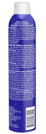 Close-up rear view of a single blue Ozium air sanitizer can with detailed directions, storage and disposal text and barcode.