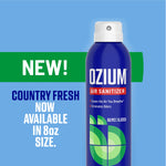 Graphic ad for OZIUM Country Fresh air sanitizer announcing new availability in 8 oz size with a single can image
