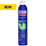 Studio product shot of an OZIUM Country Fresh air sanitizer can on white background with a yellow 'NEW!' flag