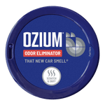 Top-down view of an Ozium gel can lid with prominent logo, scent name and scratch-and-sniff icon