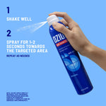 Instruction graphic showing a hand spraying an Ozium can with numbered steps to shake and spray toward the targeted area.