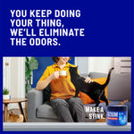 Lifestyle image of a person on a couch with a cat and Ozium product shown in lower corner with tagline about eliminating odors