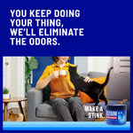 Lifestyle graphic with person on a couch and a black cat, bold text about eliminating odors and a small OZIUM gel can pictured at lower right.