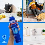 Collage lifestyle graphic with a hand holding a blue Ozium can, a kitchen sink, and people with cats in a living room.