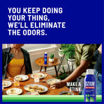 Lifestyle scene of people at a dining table with Ozium can on a side table and headline text about eliminating odors.