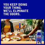 Lifestyle ad image showing people around a dining table with an Ozium air sanitizer can and headline about eliminating odors