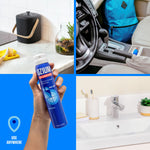 Collage showing a hand holding an OZIUM blue can plus lifestyle shots of car and sink with text indicating use anywhere