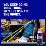 Advertisement with headline 'You keep doing your thing, we'll eliminate the odors' and trunk-full-of-gear scene plus OZIUM can.