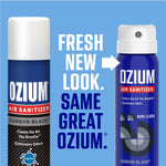 Comparison graphic showing old OZIUM can on left and new blue OZIUM can on right with text 'Fresh new look. Same great OZIUM.'