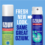 Graphic comparing old and new OZIUM can designs with text 'Fresh new look. Same great OZIUM.' on a blue background