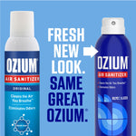 Side-by-side comparison graphic of Ozium's old white/blue can and new all-blue can with text 'Fresh new look. Same great Ozium.'