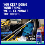 Ad image of a car trunk with sports gear and an OZIUM can plus headline 'You keep doing your thing, we'll eliminate the odors.'