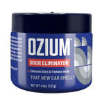 Front view of a single navy-blue Ozium odor eliminator gel can with branding