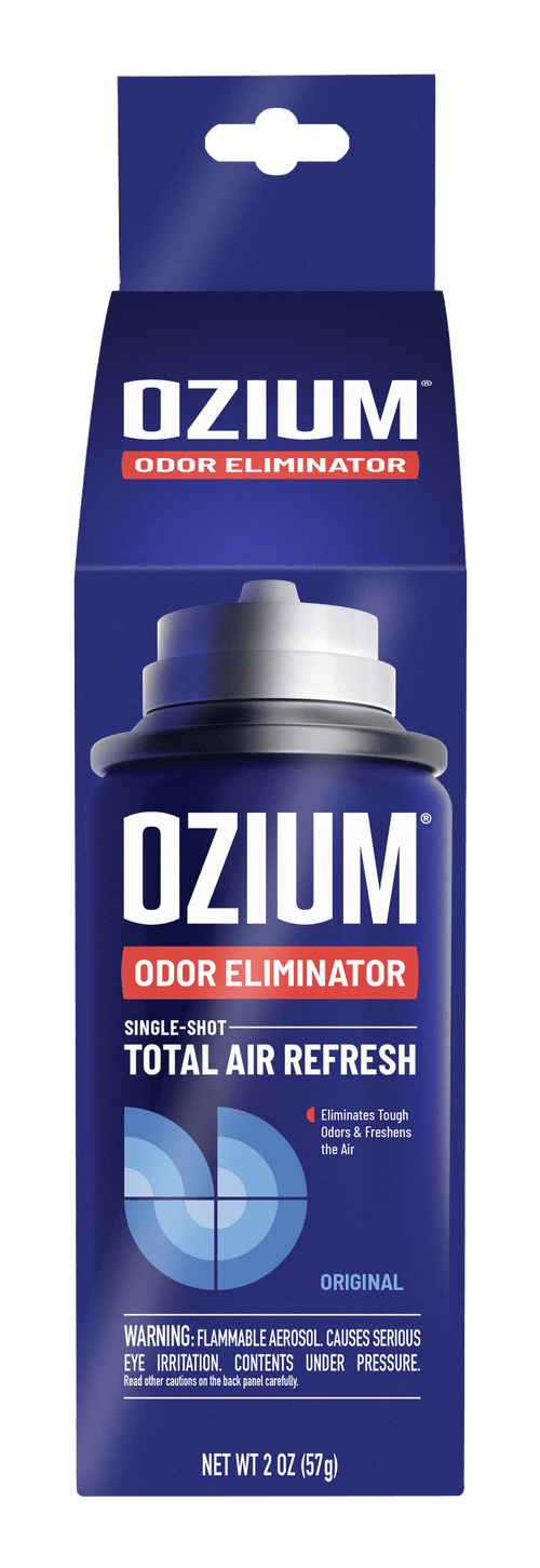 Tall blue retail hangcard showing OZIUM brand and an aerosol nozzle image with “odor eliminator” and product messaging.