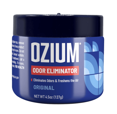Close-up of a blue OZIUM odor eliminator gel can with original scent label and black lid, front view.